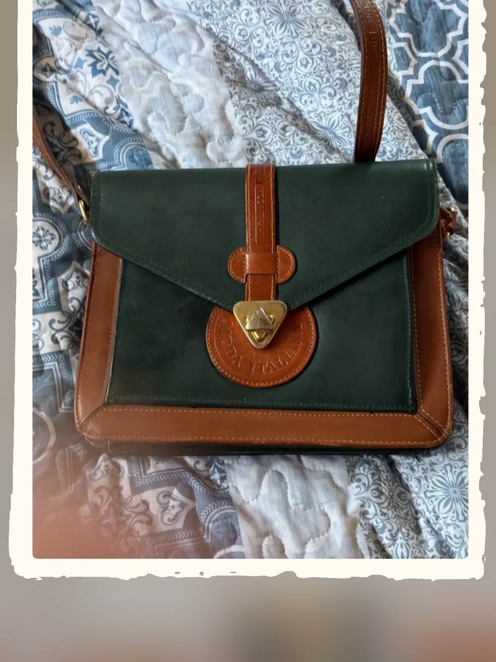 Moda Green and Brown Leather Crossbody Satchel with Brass Lock